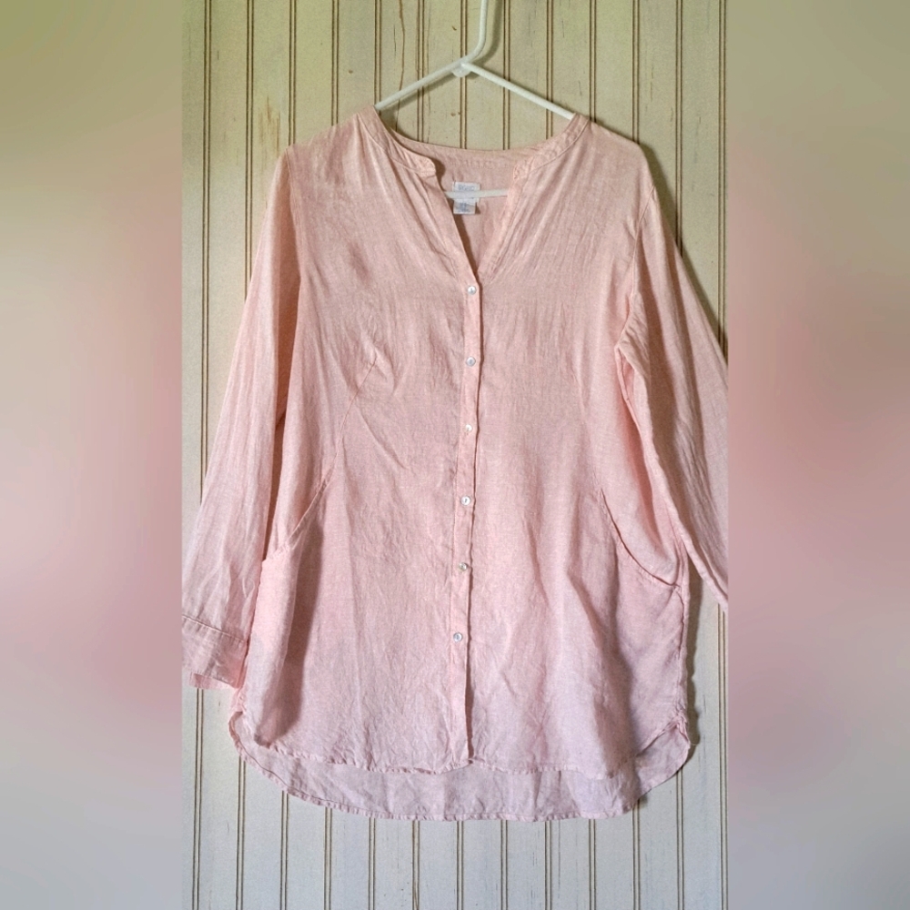 Sigrid Olsen Linen Pink Long Slv Roll Tab Button Blouse Top Pockets Lagenlook M